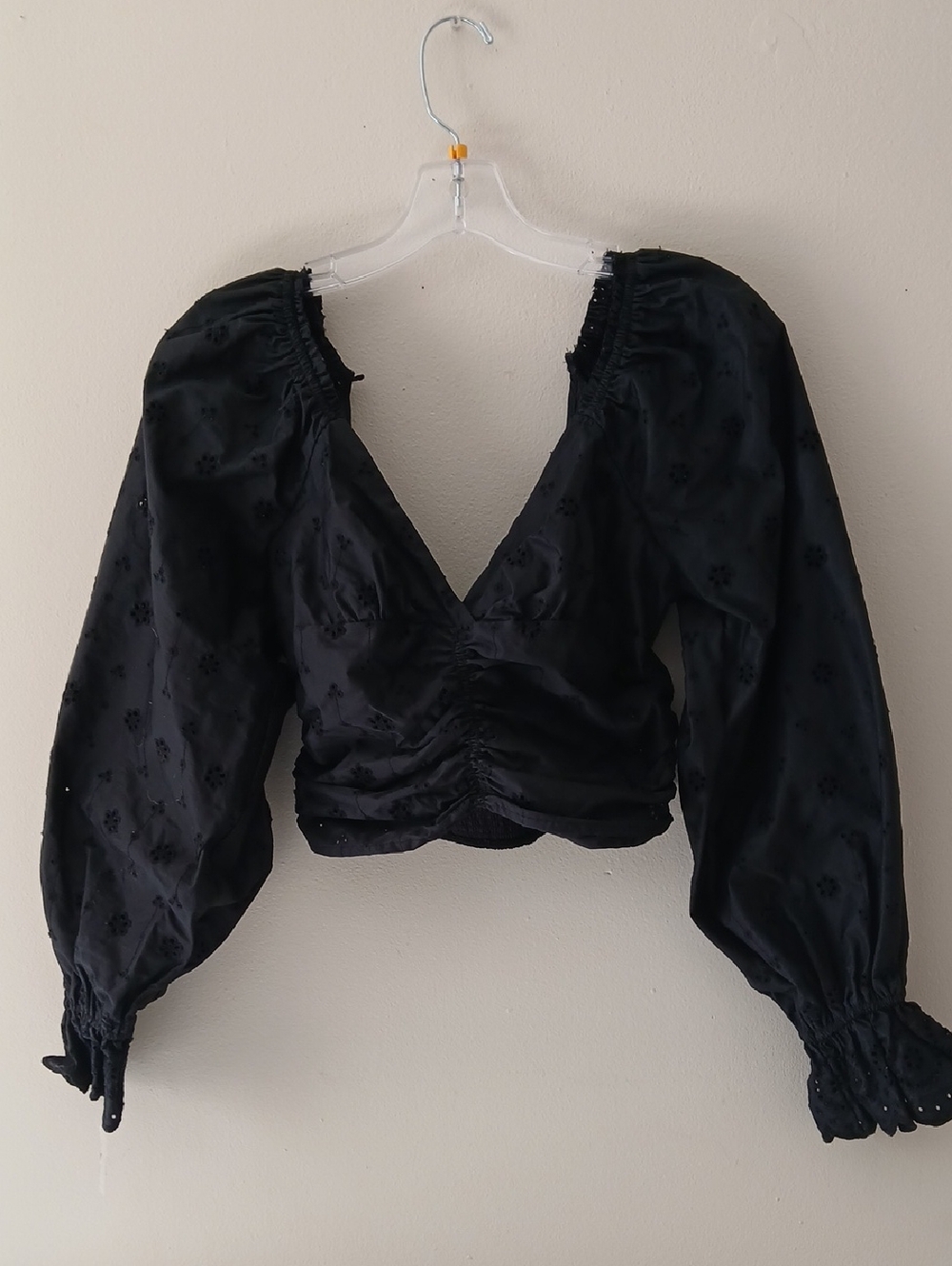 Free People Black Puff Sleeve Ruched V-Neck Blouse